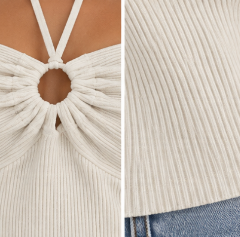 Top Halter Canalé con Abertura – Blanco Crudo