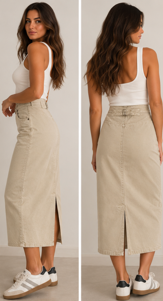 Falda midi beige con detalle ajustable