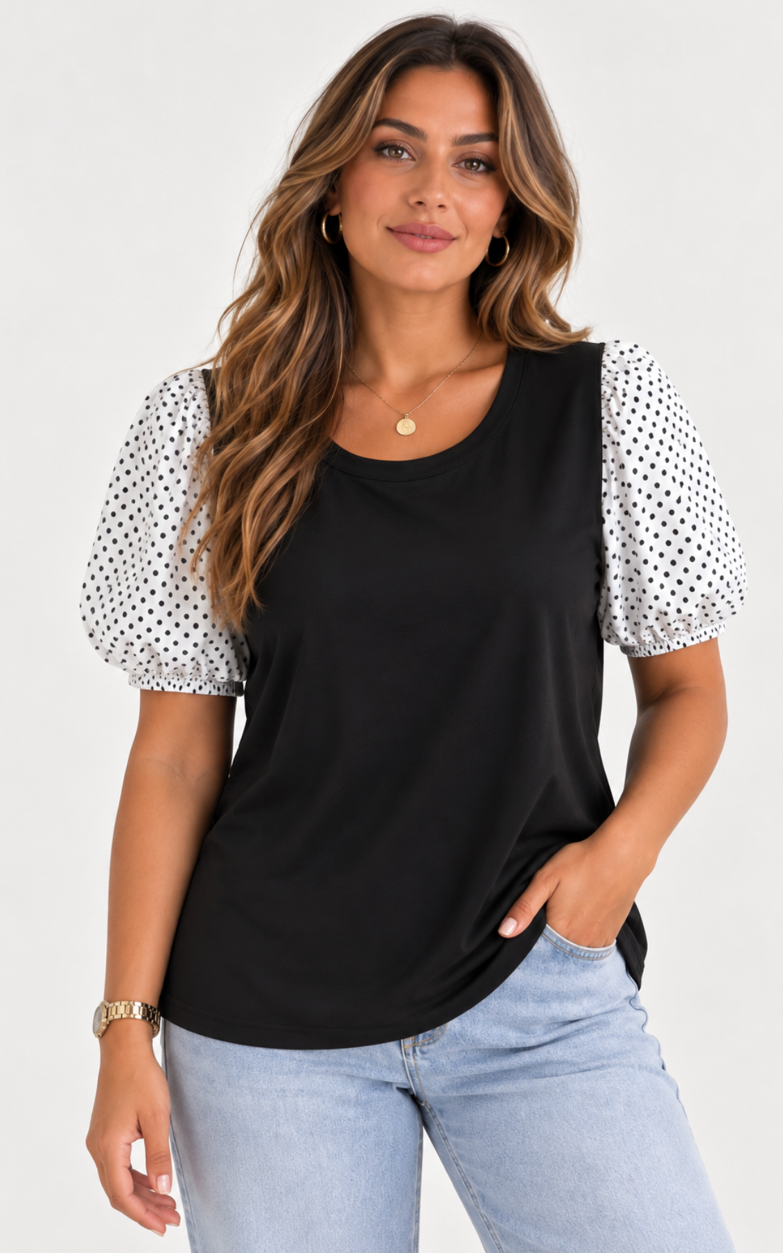 Camiseta Luna de Manga Abullonada con Lunares