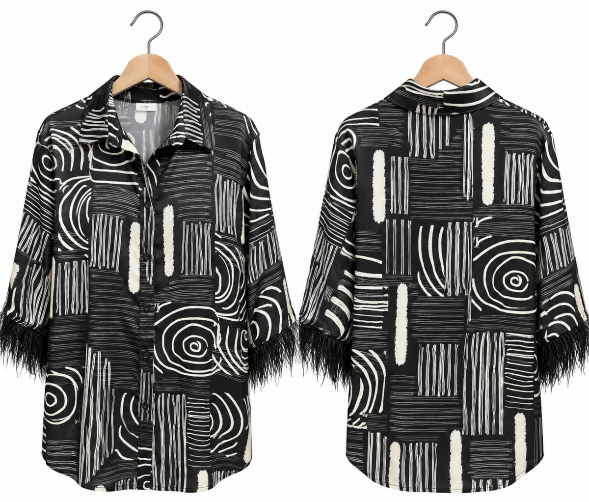 Camisa Étnica Black & White con plumas