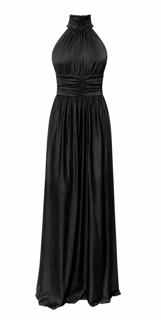 Vestido Largo Negro Satinado con Cuello Halter