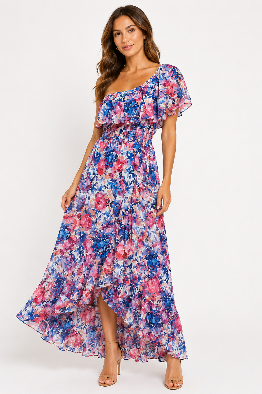 Vestido Largo Asimétrico Floral Volante Rosa & Azul