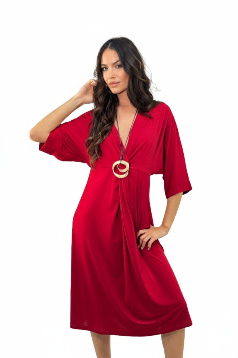 Vestido Rojo Midi con Escote Cruzado