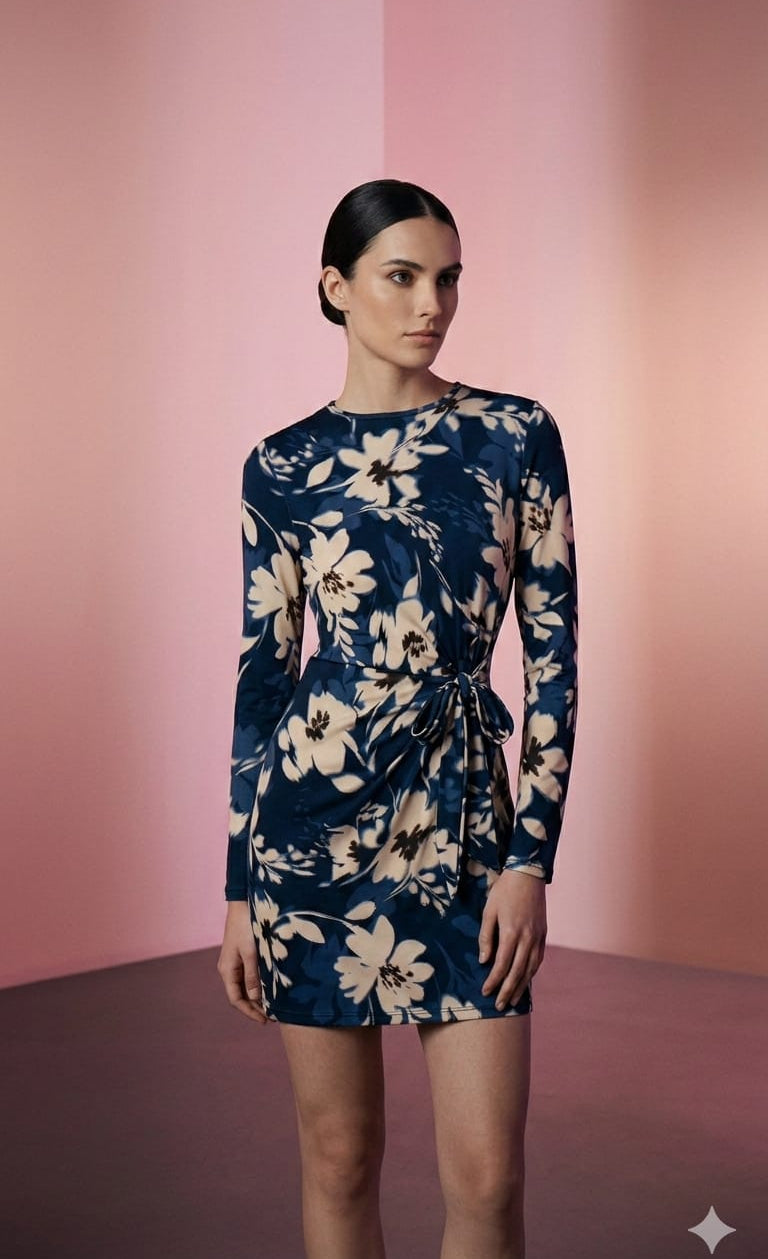 Vestido floral azul mujer manga larga casual chic con lazada lateral pieza única showroom