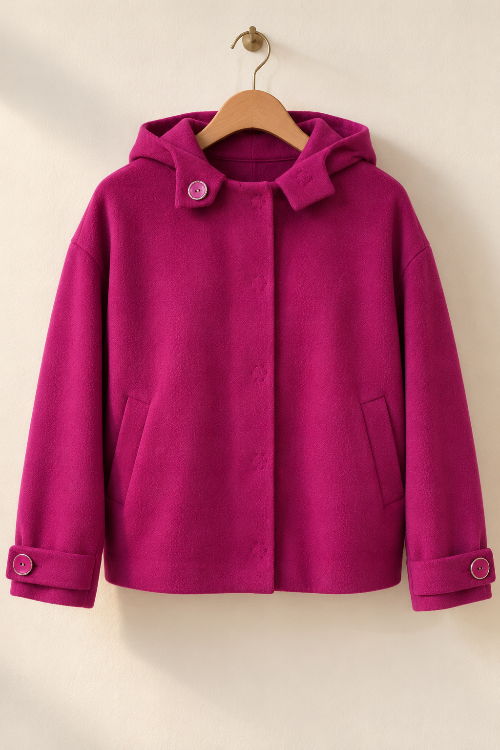 Vista frontal de la chaqueta Luisa oversize color orquídea con capucha y bolsillos.