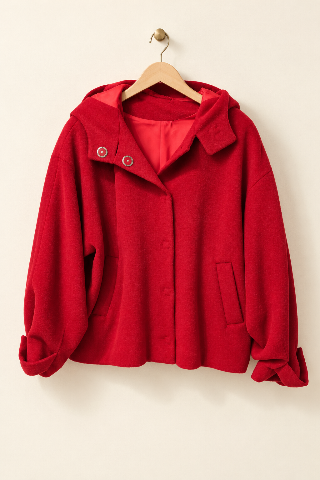 Chaqueta Luisa de lana 100% con capucha y bolsillos en color rojo.