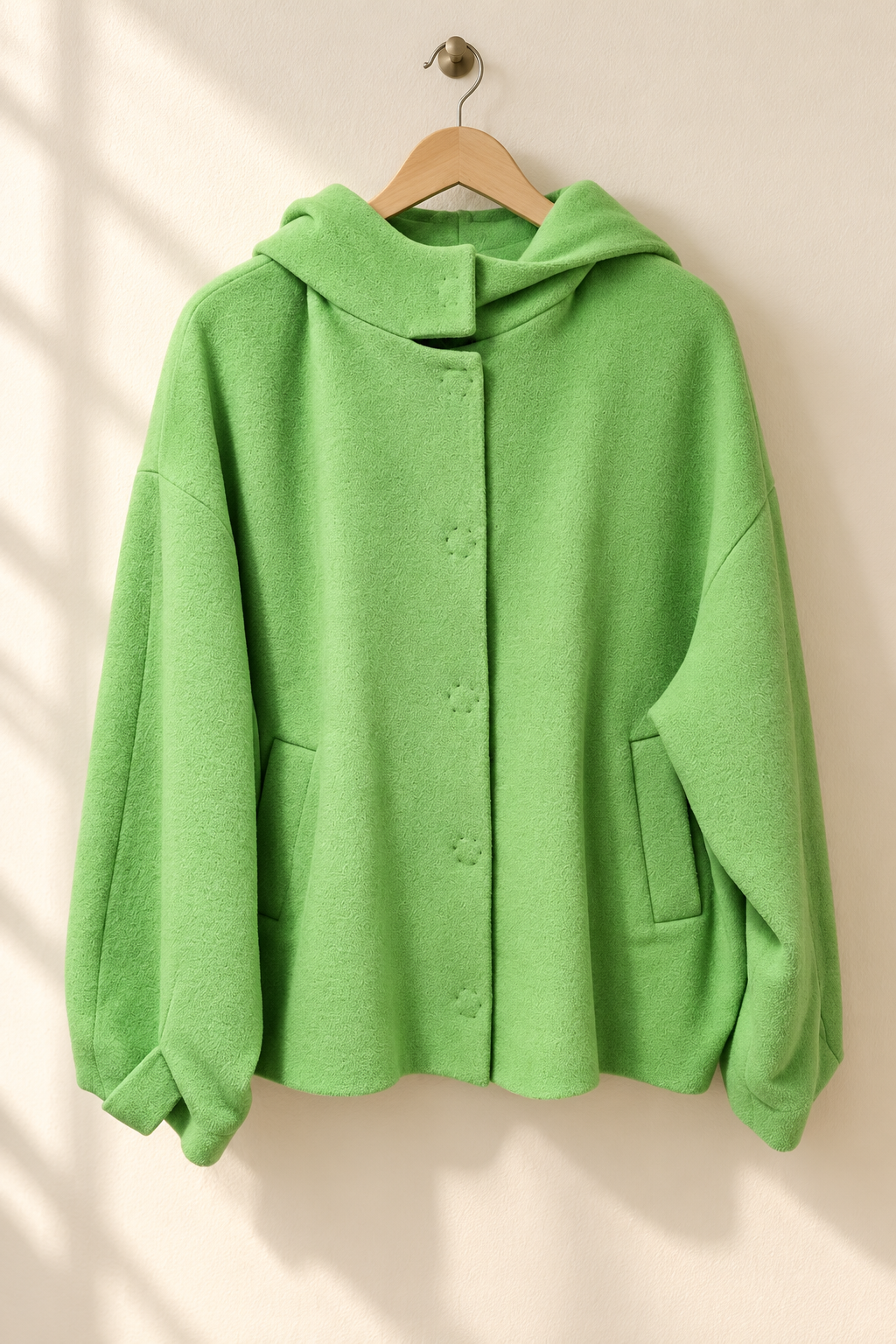 Chaqueta Luisa de lana 100% con capucha y bolsillos en color verde.