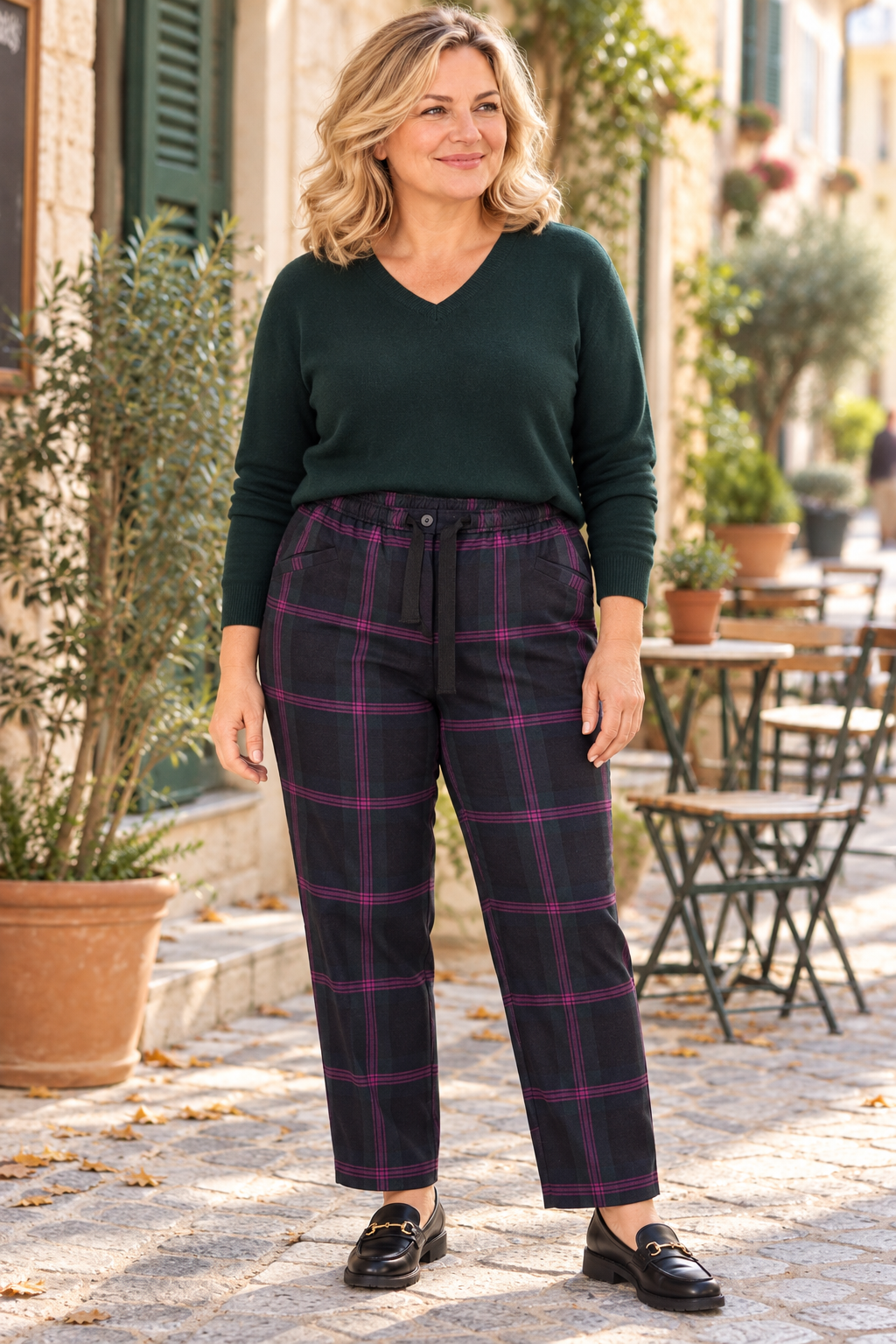Pantalón Paola de lana 100% a cuadros en tonos orquídea, llevado sin vuelta por una modelo de talla XL.
